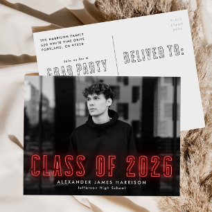 Red Neon Class of 2022 Photo Graduation Party Invitation Postcard