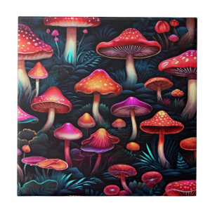  Red Neon Mushrooms - Exclusive Retro Art  Tile