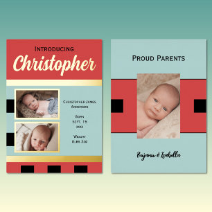 Red new baby announcement gold foil flat card