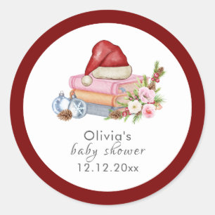 Red New Chapter Begins Winter Floral Baby Shower  Classic Round Sticker