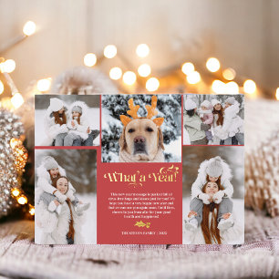 Red New Year in review 5 photo collage grid Foil Holiday Card