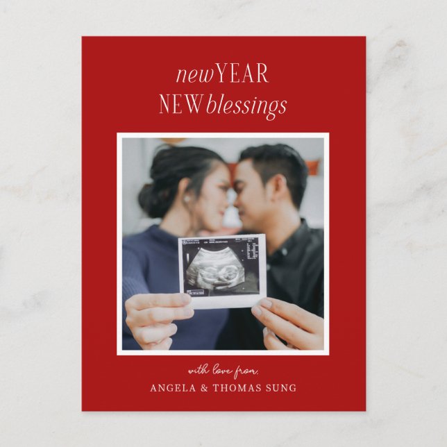 Red New Year New Blessings Pregnancy Announcement (Front)