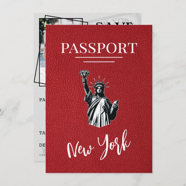 Red New York City Passport Save The Date (Front/Back)