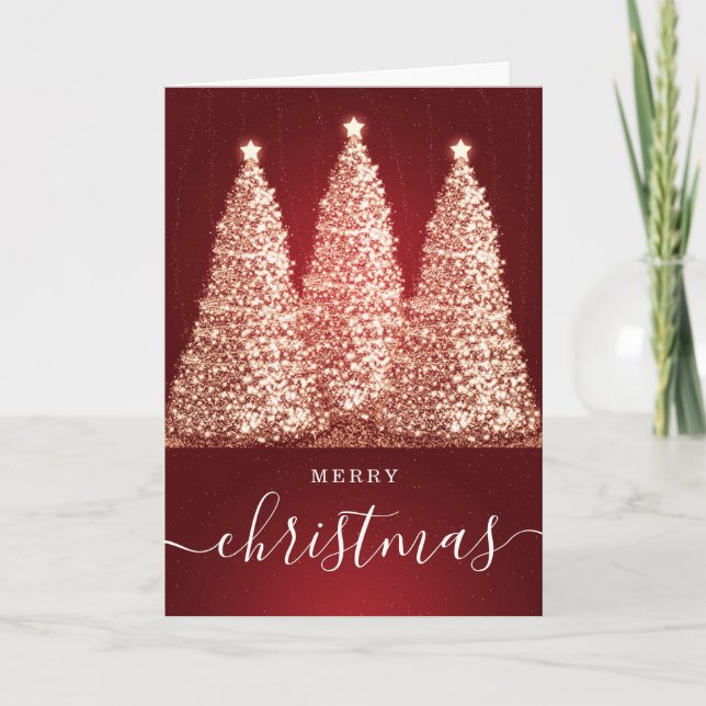 Red No Photo Christmas Holidays Glitter Trees Holiday Card (Front)