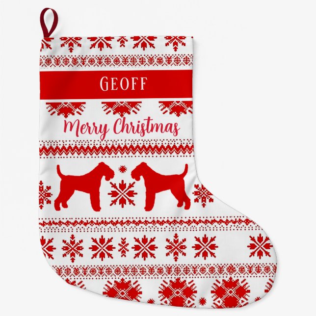 Red Nordic Airedale Terrier Dog Christmas Large Christmas Stocking (Front)