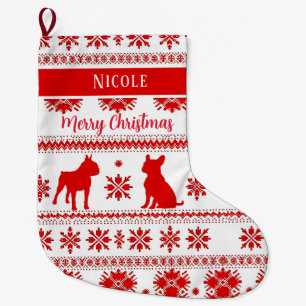 Red Nordic Boston Terrier Dog Christmas Large Christmas Stocking