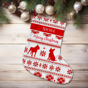 Red Nordic Boston Terrier Dog Christmas Large Christmas Stocking