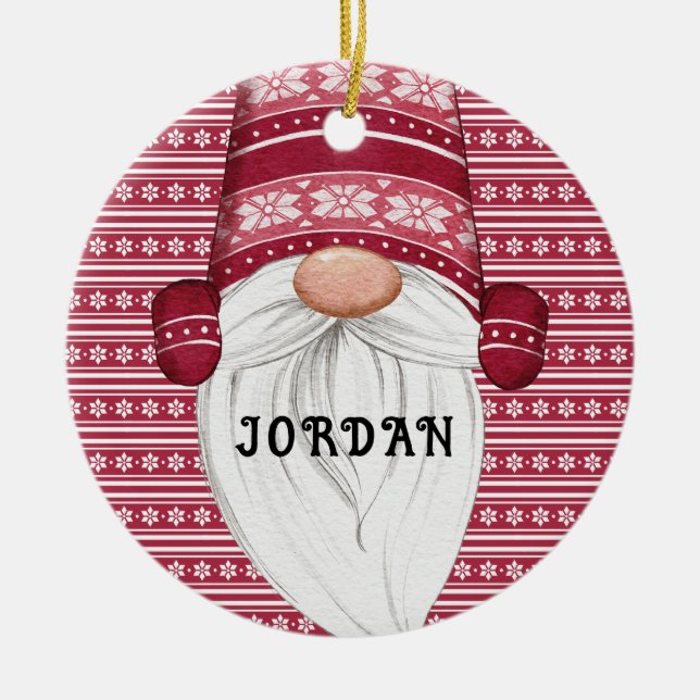 Red Nordic Gnome Personalized Ceramic Ornament (Front)