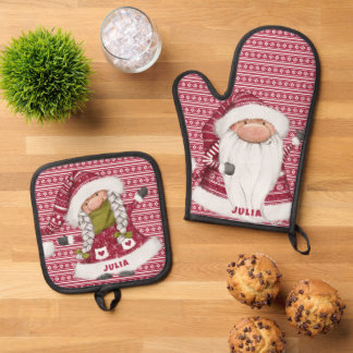 Red Nordic Gnome Personalized Oven Mitt & Pot Holder Set