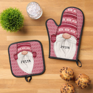 Red Nordic Gnome Personalized Oven Mitt & Pot Holder Set