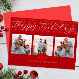 Red Nordic Happy Holidays Card with Three Photos