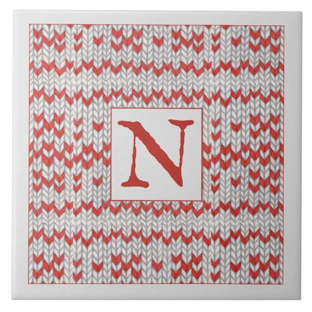 RED NORDIC KNIT Ceramic Tile + Initial  (Front)
