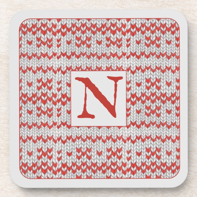 RED NORDIC KNIT Hard Plastic Coasters + Initial  (Front)