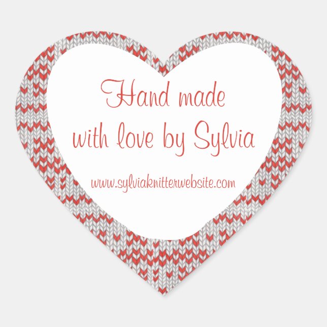 RED NORDIC KNIT Heart Shape "Hand Made" Stickers (Front)
