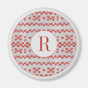 RED NORDIC KNIT Round Magnet + Initial 