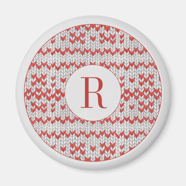 RED NORDIC KNIT Round Magnet + Initial  (Front)