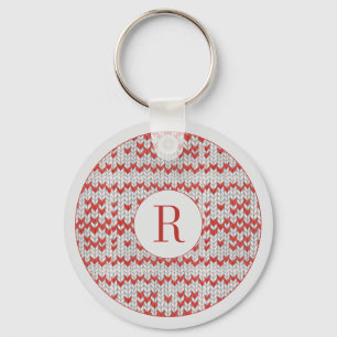 RED NORDIC KNIT Round Metal Keychain + Initial 