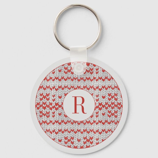 RED NORDIC KNIT Round Metal Keychain + Initial  (Front)