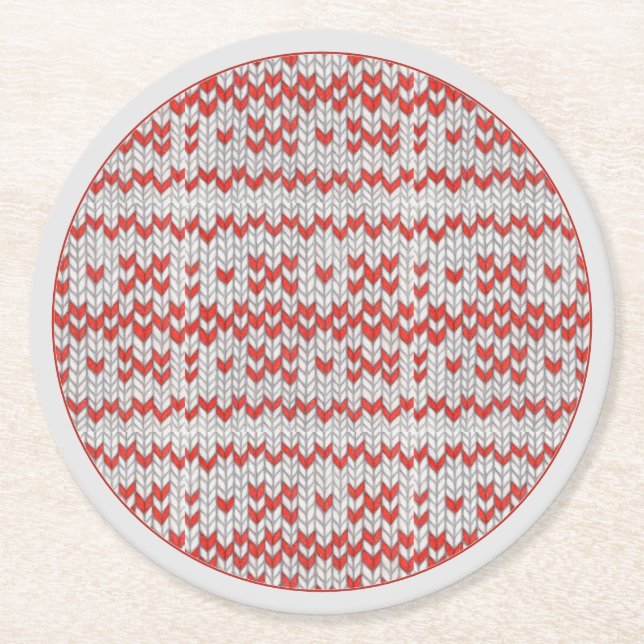 RED NORDIC KNIT Round Paper Coasters / Grey (Front)