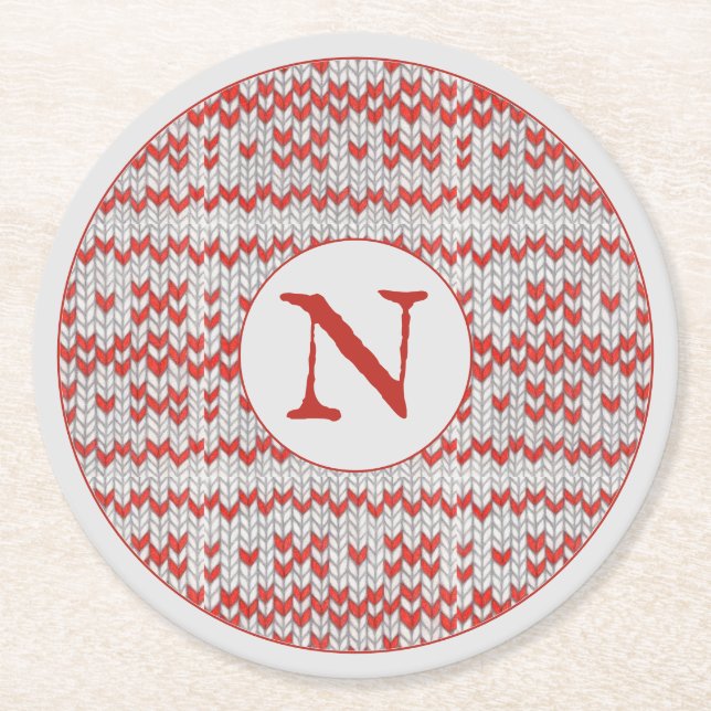 RED NORDIC KNIT Round Paper Coasters + Initial (Front)