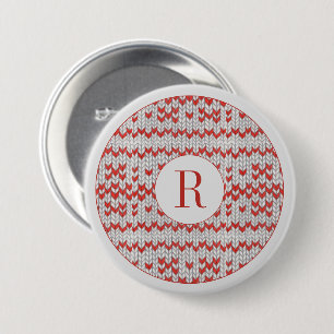 RED NORDIC KNIT Round Pin Button + Initial
