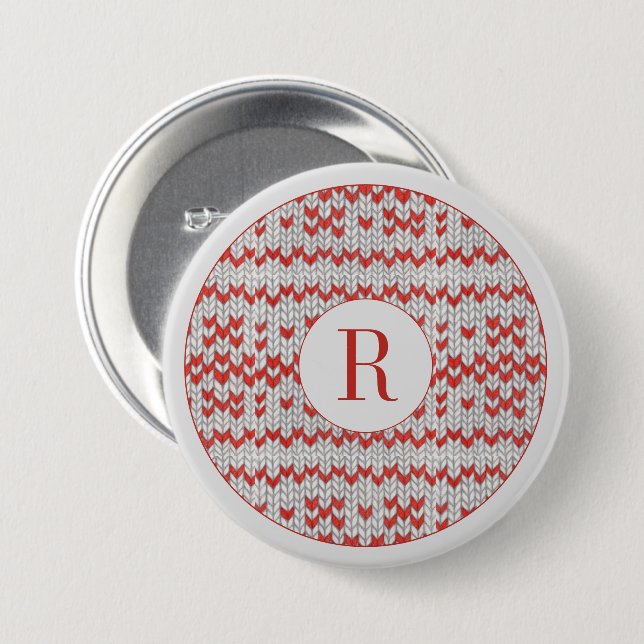 RED NORDIC KNIT Round Pin Button + Initial (Front & Back)