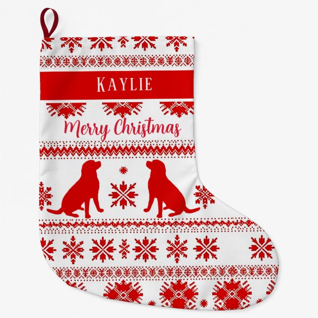 Red Nordic Labrador Retriever Dog Christmas Large Christmas Stocking (Front)