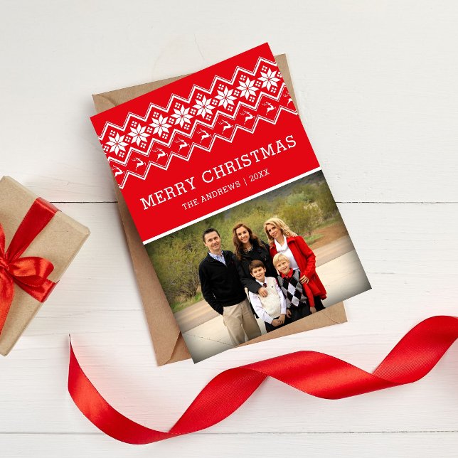 Red Nordic Pattern Christmas Photo Holiday Card (Creator Uploaded)