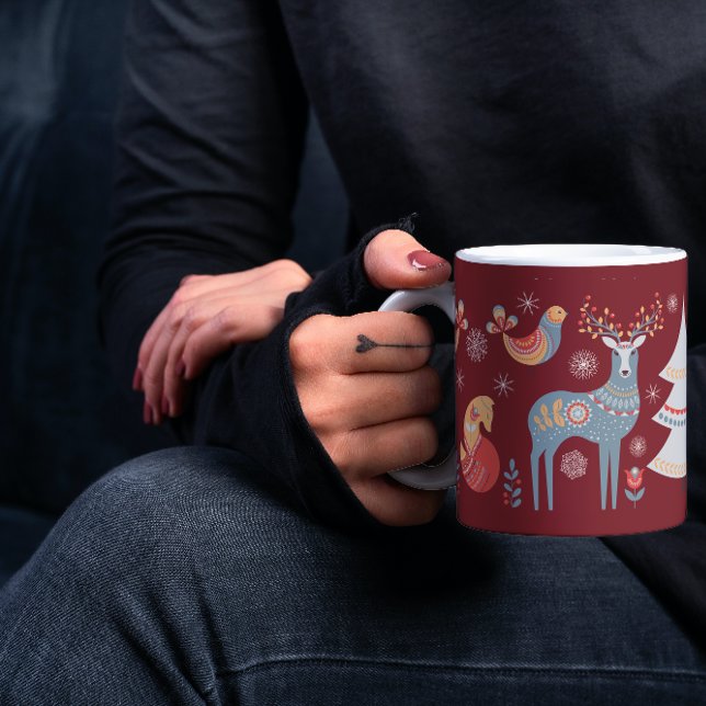 Red Nordic Reindeer Christmas Tree Floral Holiday Coffee Mug (Creator Uploaded)