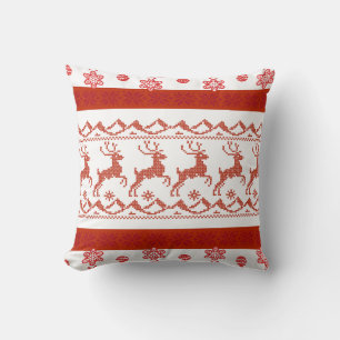 Red Nordic Reindeer Knit Pattern Christmas Pillow
