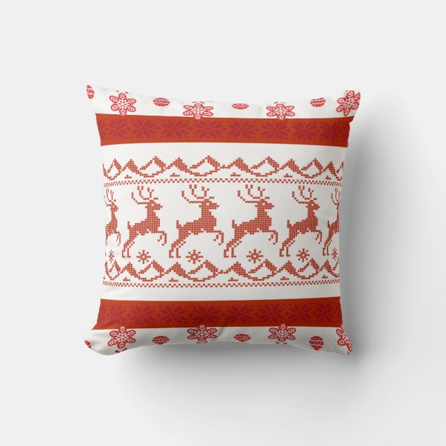 Red Nordic Reindeer Knit Pattern Christmas Pillow (Front)