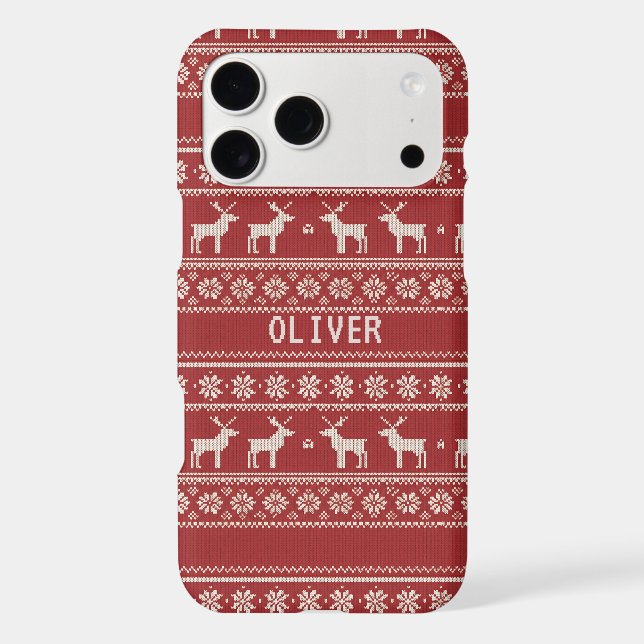 Red Nordic Reindeer Knit Pattern Personalized  (Back)