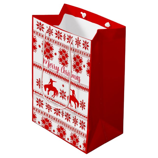 Red Nordic Rodeo Cowboy Christmas Medium Gift Bag (Front Angled)