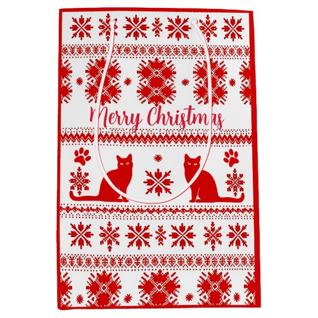 Red Nordic Sitting Cat Christmas Medium Gift Bag (Front)