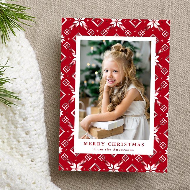 Red Nordic Snowflake Pattern Photo Holiday Card (Creator Uploaded)