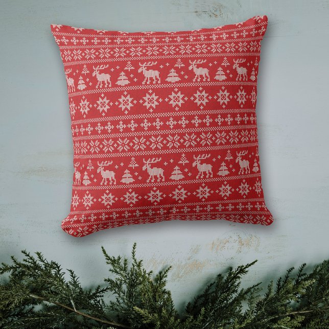 Red Nordic Style Moose Pattern Christmas Throw Pillow (Creator Uploaded)