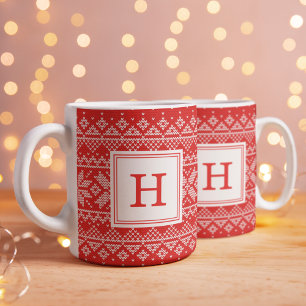 Red Nordic Sweater Pattern Monogram Holiday Coffee Mug