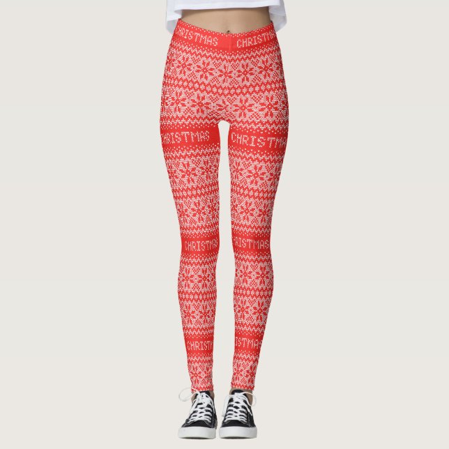 Red Nordic Sweater Snowflakes Pattern Christmas Leggings (Front)
