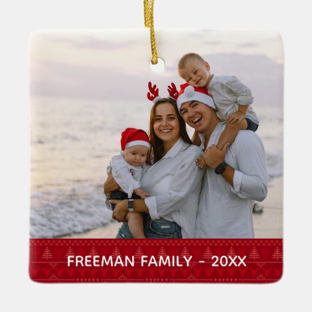 Red Nordic Two Photo Christmas Family Ornament (Front)