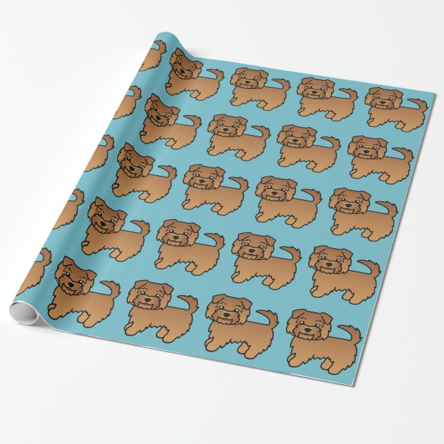 Red Norfolk Terrier Cartoon Dog Pattern On Blue Wrapping Paper (Unrolled)