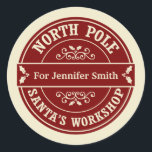 Red North Pole Christmas delivery gift sticker<br><div class="desc">A Christmas postal style sticker for gifts. The design says 'North Pole' and 'Santa's workshop' around the border in red and cream and there is space in the middle for your name. The sticker is designed to look like a postmark or a seal from the North Pole. This would be...</div>