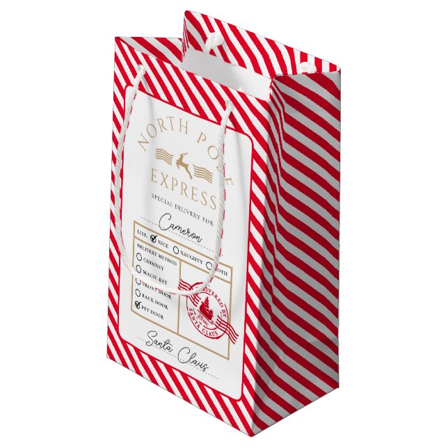 Red North Pole Express Special Delivery Christmas Small Gift Bag (Back Angled)