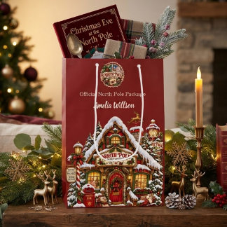Red North Pole Post Custom Name Christmas Medium Gift Bag