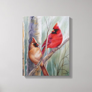 Red Northern Cardinal Bird Pair Watercolor Art Canvas Print