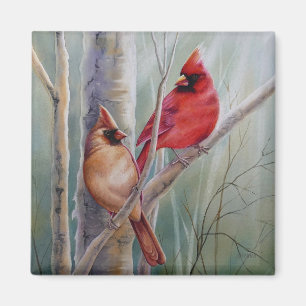 Red Northern Cardinal Bird Pair Watercolor Art Magnet