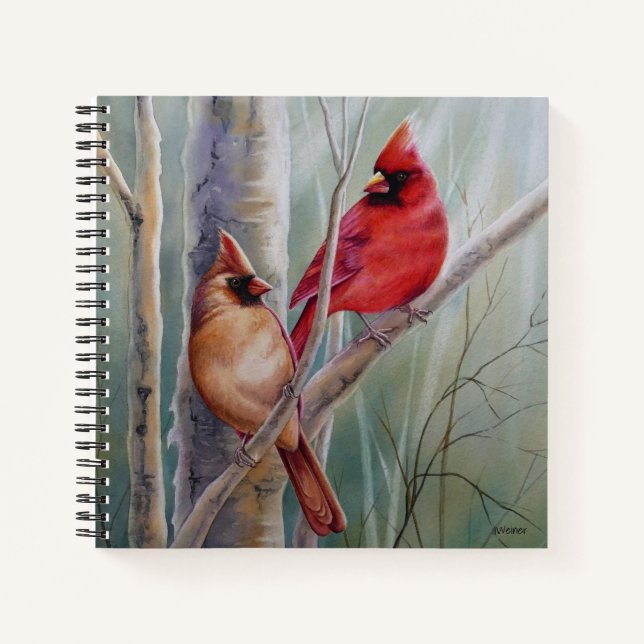 Red Northern Cardinal Bird Pair Watercolor Art Notebook (Front)