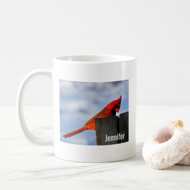 Red Northern Cardinal on Tree Stump Custom Coffee Mug (With Donut)