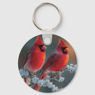 Red Northern Cardinals Perched on a Frosted Branch Keychain