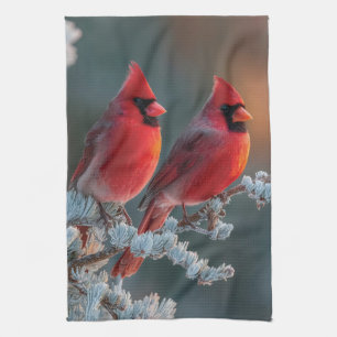 Red Northern Cardinals Perched on a Frosted Branch Kitchen Towel