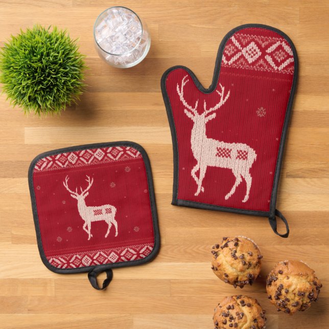 Red Norwegian Knit w/ Deer, Oven Mitt & Pot Holder Set (Top Down)